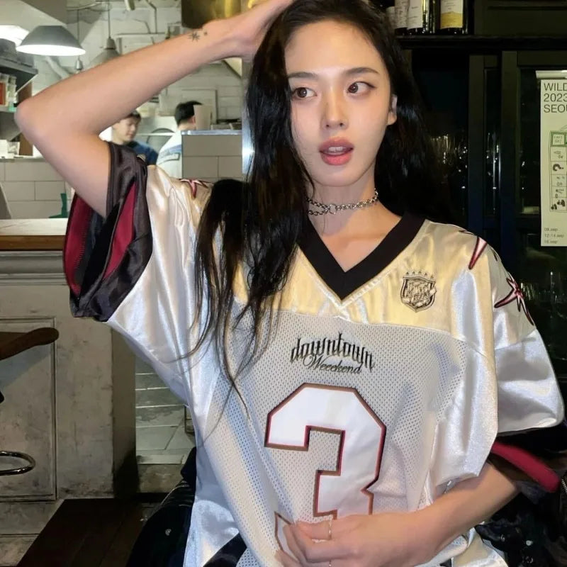 Silver 2024 New Summer Retro Number 3 Jersey for Women Street Contrasting Patchwork Mesh V-neck Oversize Short Sleeved T-shirt - Lootquake