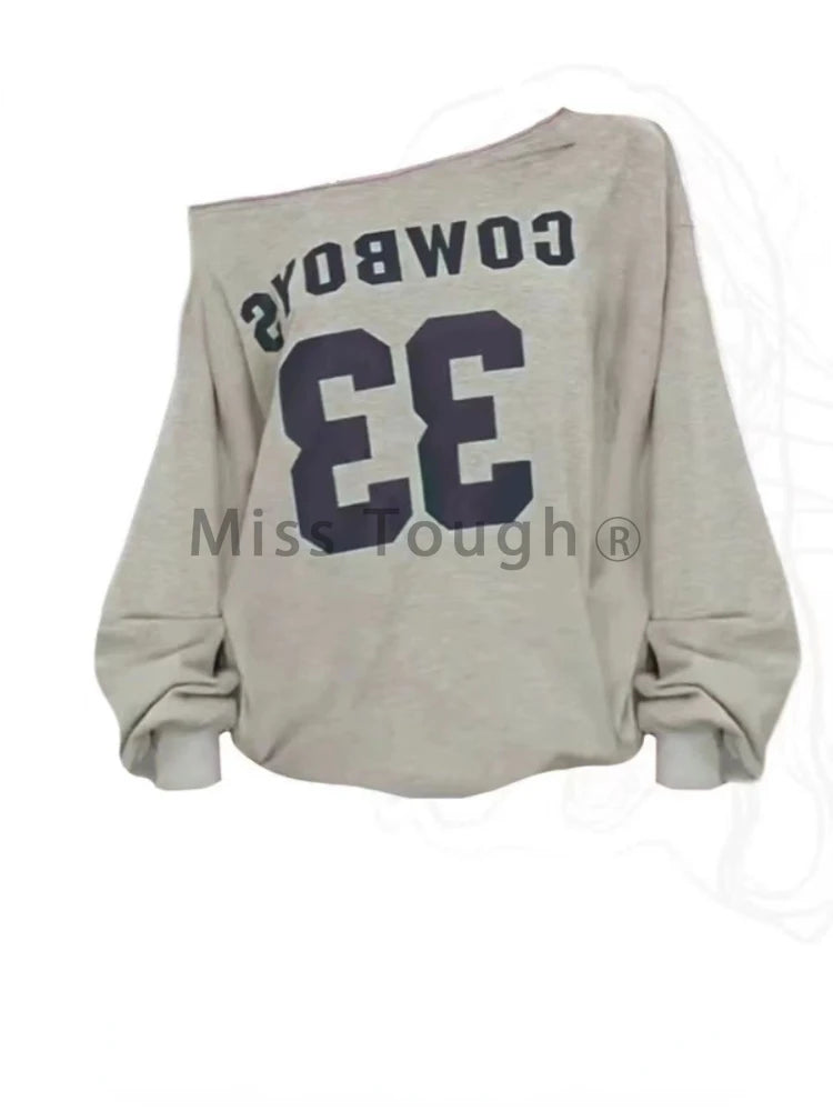 Autumn New America Retro Spice Girl Clothing Women Y2 Oblique Shoulder Long Sleeves T-shirt Female Loose Oversize Lazy Style Top - Lootquake