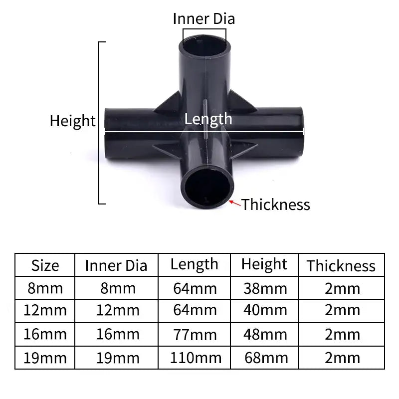 I.D 8/12/16/19mm Black Plastic Pipe Connector DIY Shelf Water Tube Joint Tent Fixed Connector Tee Four Way Elbow Straight Joint - Lootquake