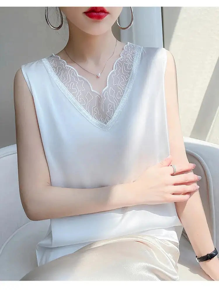 new woman clothing vest camis Tank top women's suit bottom lace lining 2024 summer new silk satin sleeveless top suspender vests - Lootquake