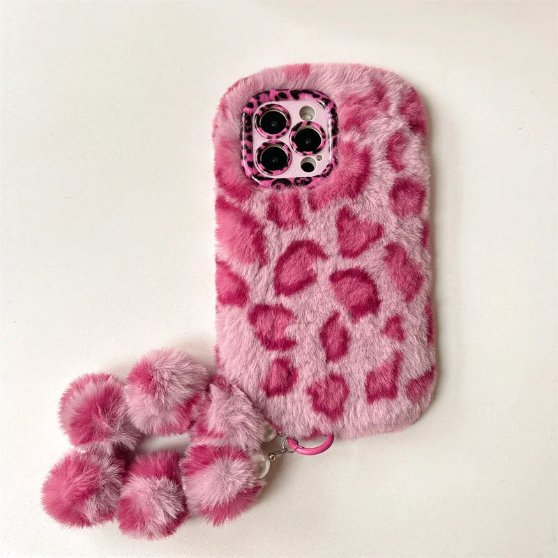 Funda de teléfono con soporte para lente de peluche de leopardo de moda para iPhone