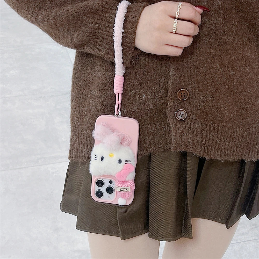 Pink Hello Kitty Fur Fluffy Cute Wrist Strap Phone Case