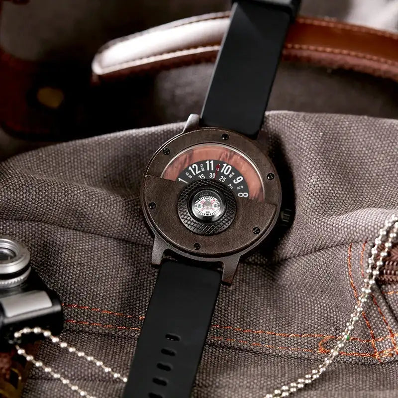 Natural Wood Watch Men Turntable Compass Dial Real Walnut Ebony Bamboo Wooden Watches Male Brown Concept Clock Quartz Wristwatch - Lootquake