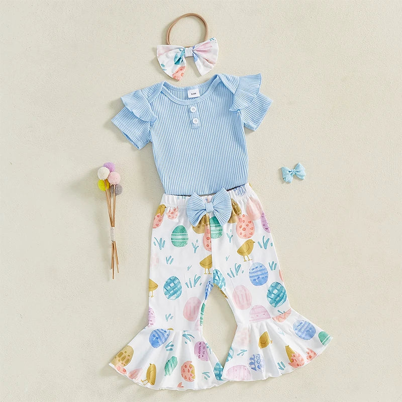Baby Girls Summer Outfit Short Sleeve Romper with Bunny Eggs Print Flare Pants and Bowknot Headband Easter Outfit - Lootquake
