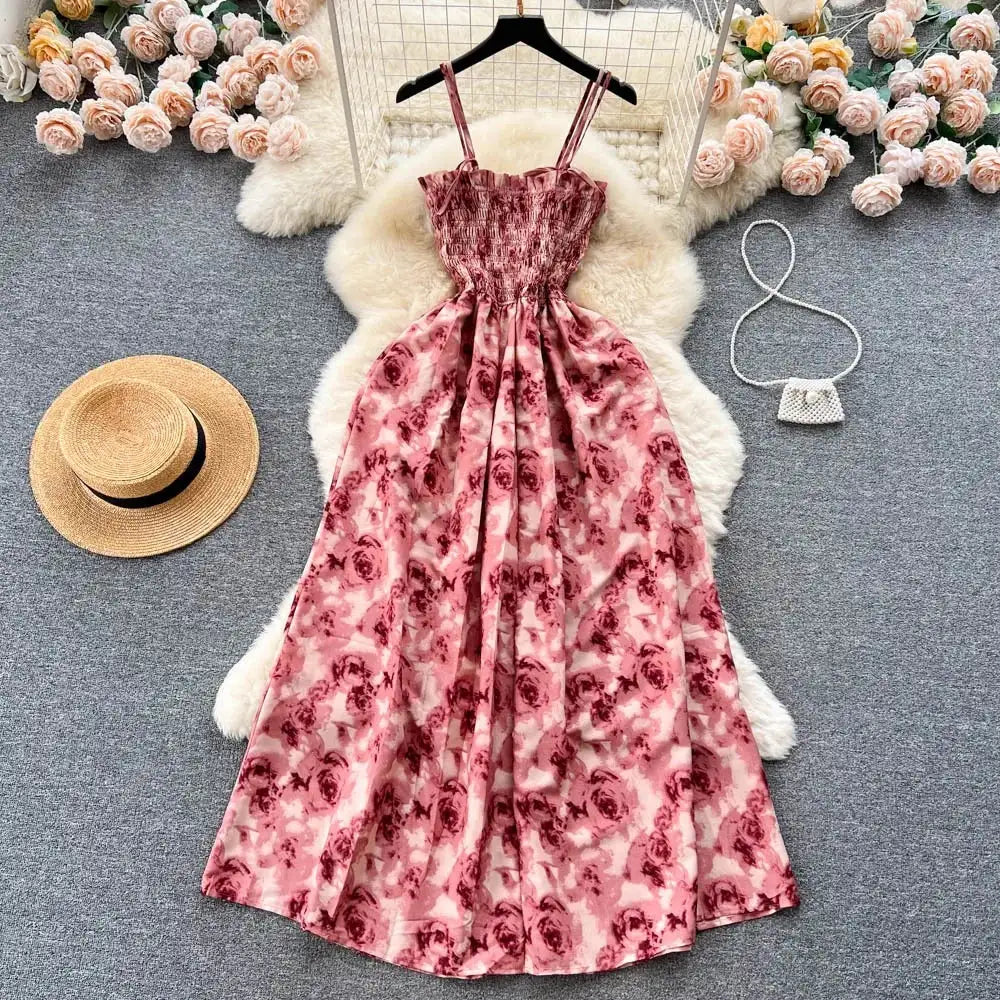 YuooMuoo Korean Fashion Rose Flower Print Romantic Retro Party Dress Summer Elastic High Waist Vacation Long Dress Beach Vestido - Lootquake
