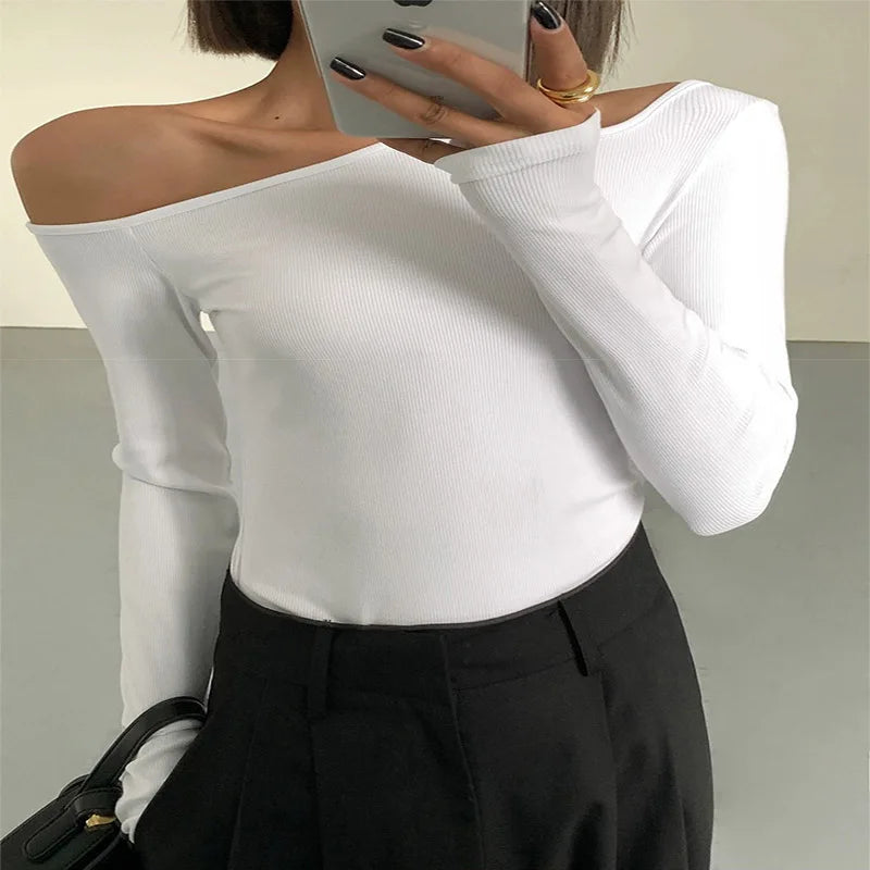 Fashion Skew Collar Off-shoulder Long-sleeved T-shirts Women Spring 2025 New Solid Slim Fit Crop Top Sexy Hollow Out Tees Shirts - Lootquake