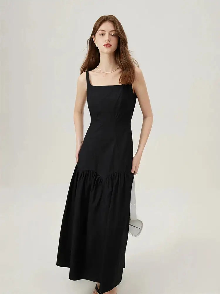 FSLE French White Suspender Long Dress 100% Cotton 2024 Summer New Loose Temperament Ankle-Length Female Dresses 24FS12048 - Lootquake