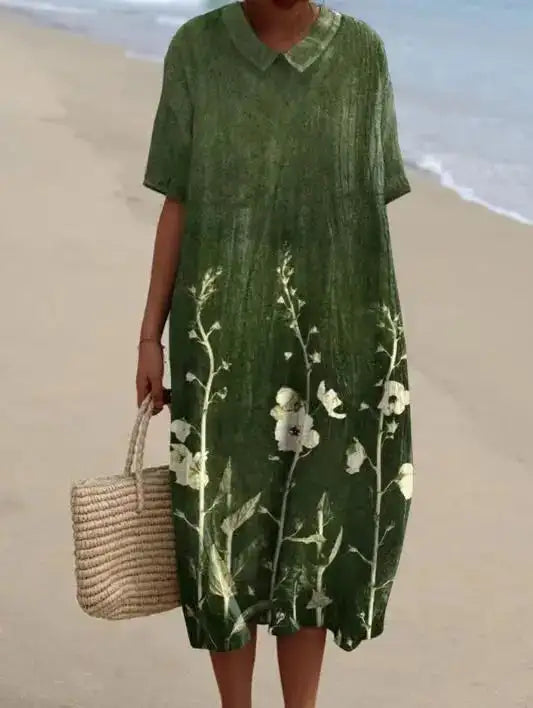 Casual Short Sleeved V-neck Big Swing Dress 2024 New Women's Loose Printed Long Dress Female Retro Flower Print Pullover Dresses - Lootquake