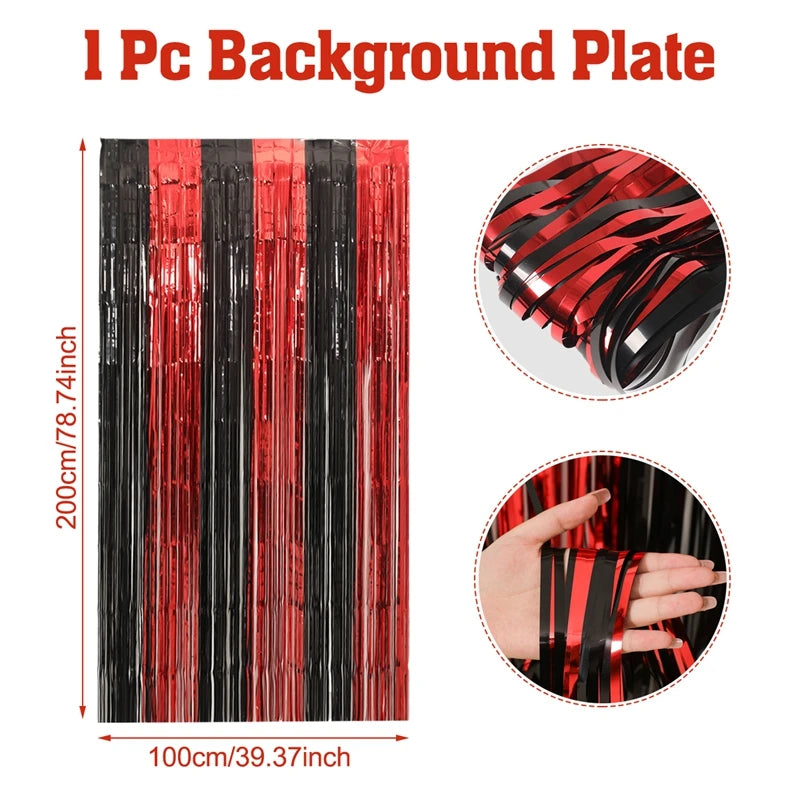 Rideau de pluie en soie avec pompons métalliques, décoration d'Halloween, noir et rouge, orange, 1 x 2 m