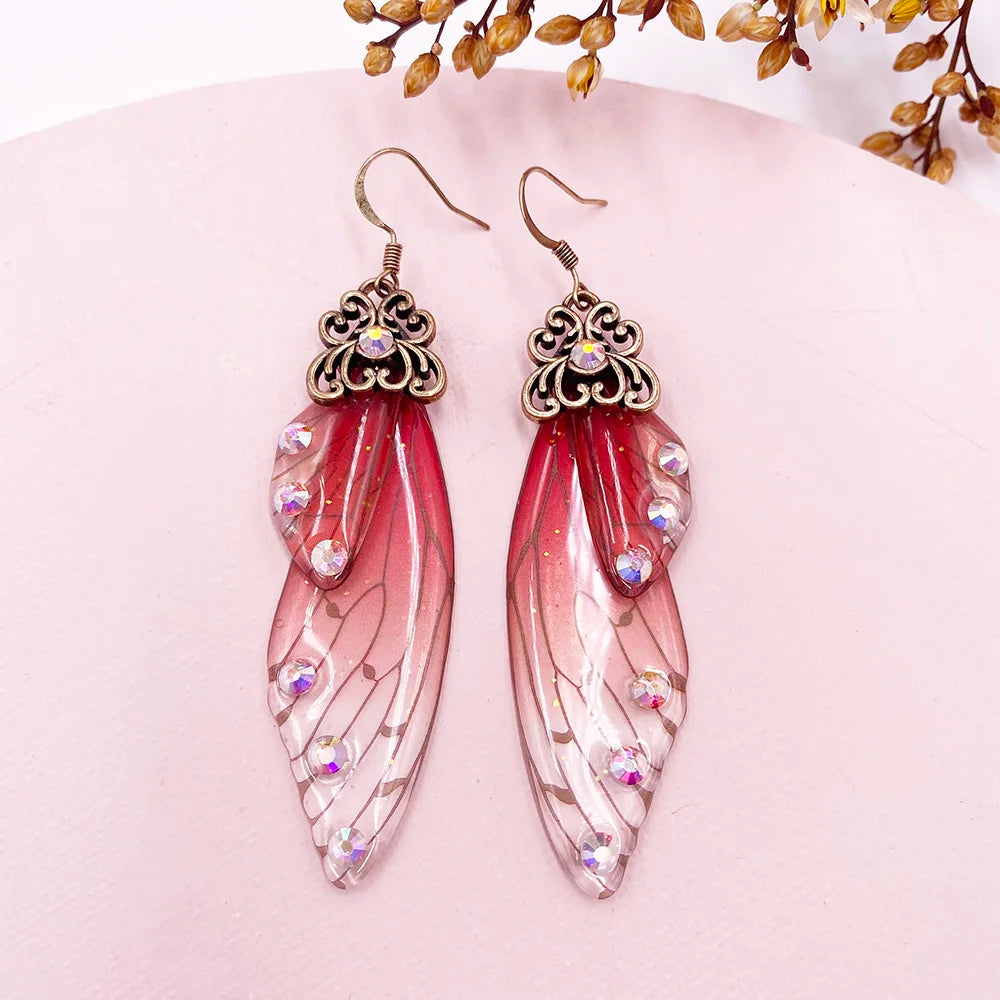 New Handmade Fairy Simulation Wing Earrings Insect Butterfly Wing Drop Earrings Foil Rhinestone Earrings Romantic Bridal Jewelry - Lootquake