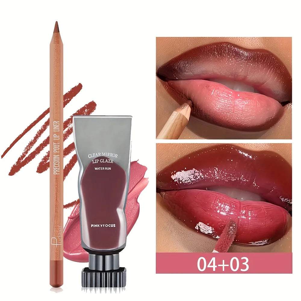 Juego de 2 brillos labiales hidratantes y humectantes y delineador de labios resistente al agua: lápiz labial de alto color, textura brillante