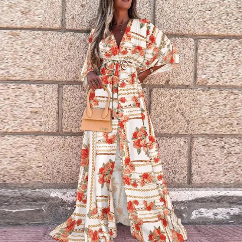 2023 Women Gorgeous Boho Print Maxi Beach Dress Summer Deep V Slit Elastic Waist Party Dress Elegant Holiday Long Dress Vestidos - Lootquake