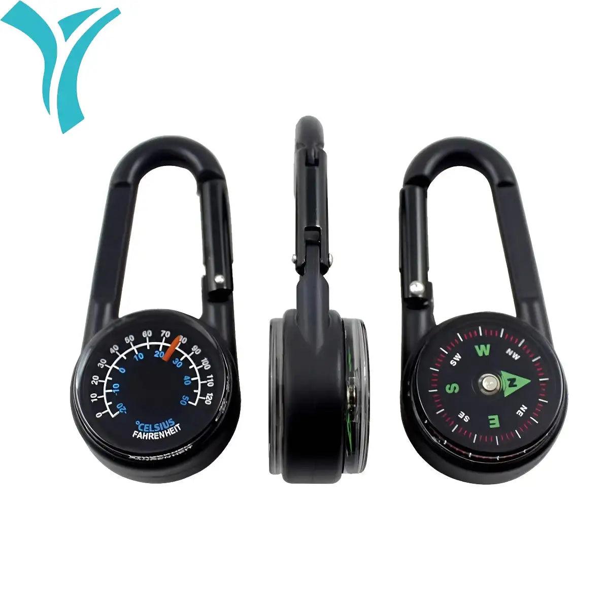 1 Pc Compass Thermometer Carabiner 3 in 1 Mini Compass Carabiner Clip Outdoor Hiking Survival Key Ring Double Sided Metal - Lootquake