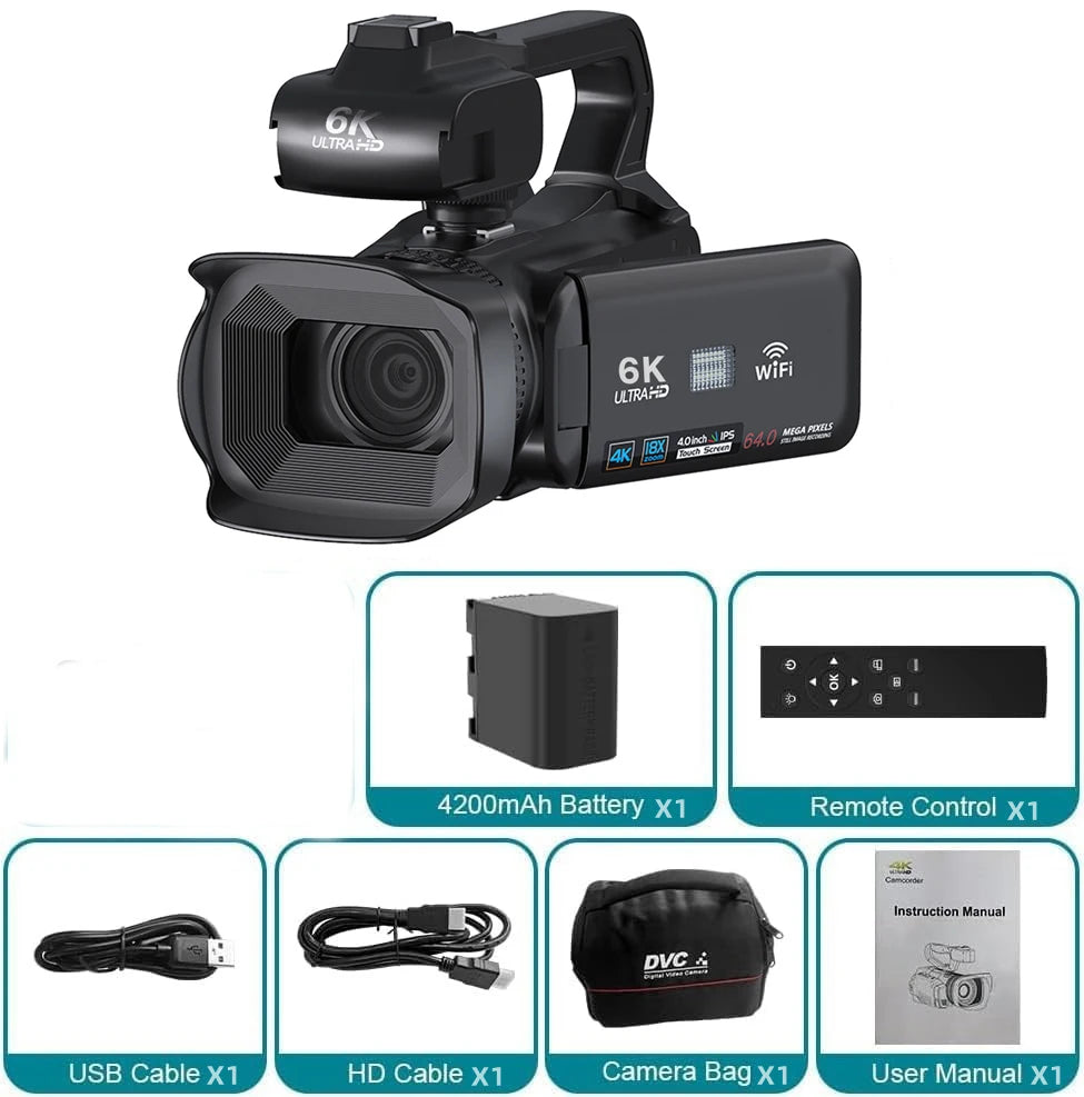 Videocámara profesional KOMERY para YouTube, 6K HD, 64 MP, pantalla táctil de 4", videocámara digital para vlogs y fotografía.