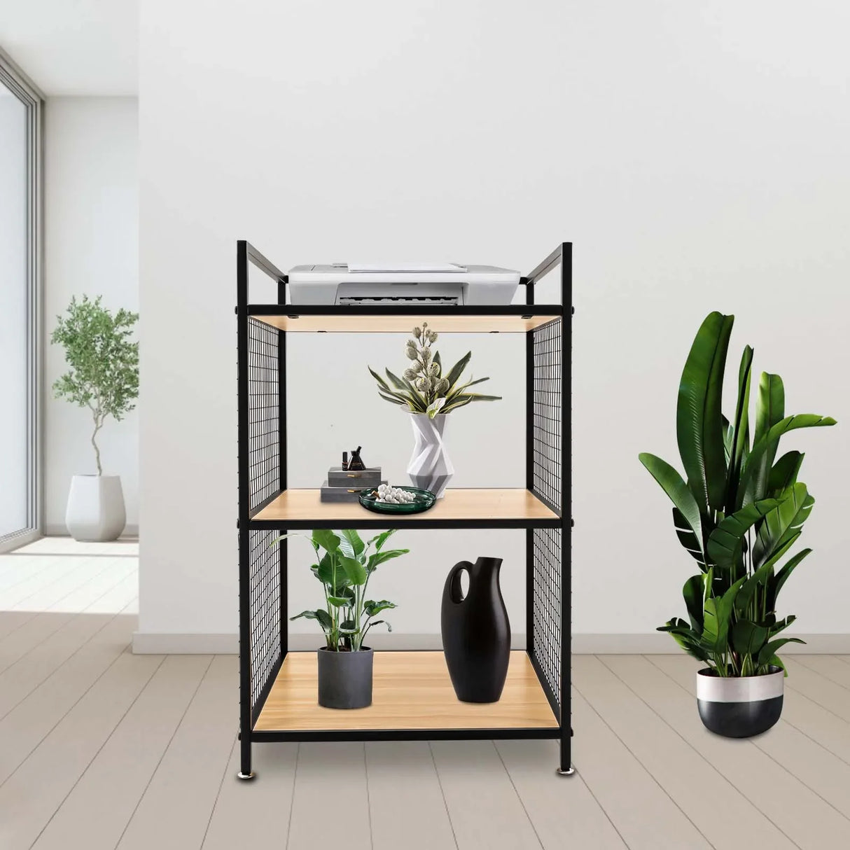 Support d'imprimante à 3 niveaux en bois massif et fer, capacité de 20 kg, design compact, idéal pour le rangement au bureau et à la maison, durable et élégant