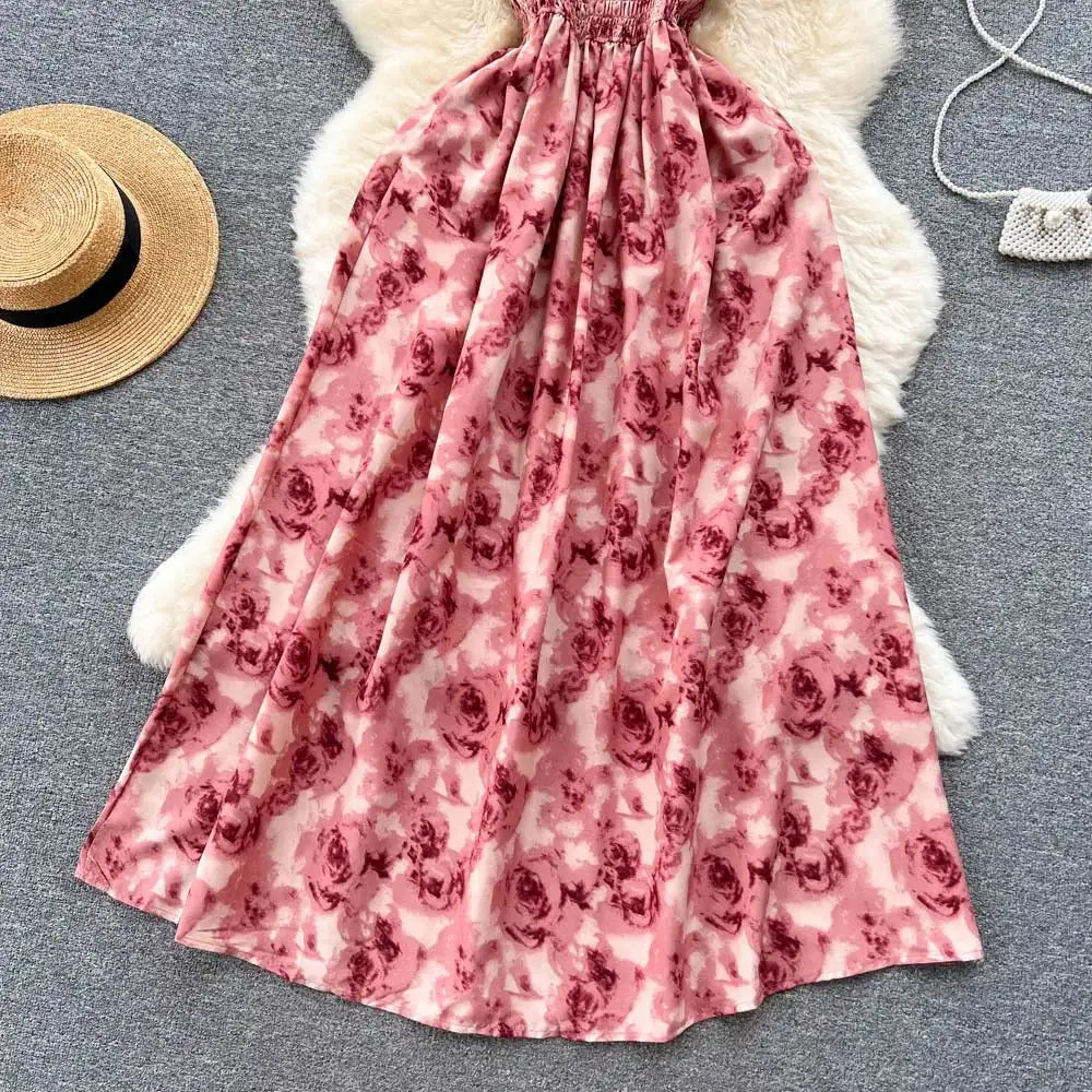 YuooMuoo Korean Fashion Rose Flower Print Romantic Retro Party Dress Summer Elastic High Waist Vacation Long Dress Beach Vestido - Lootquake