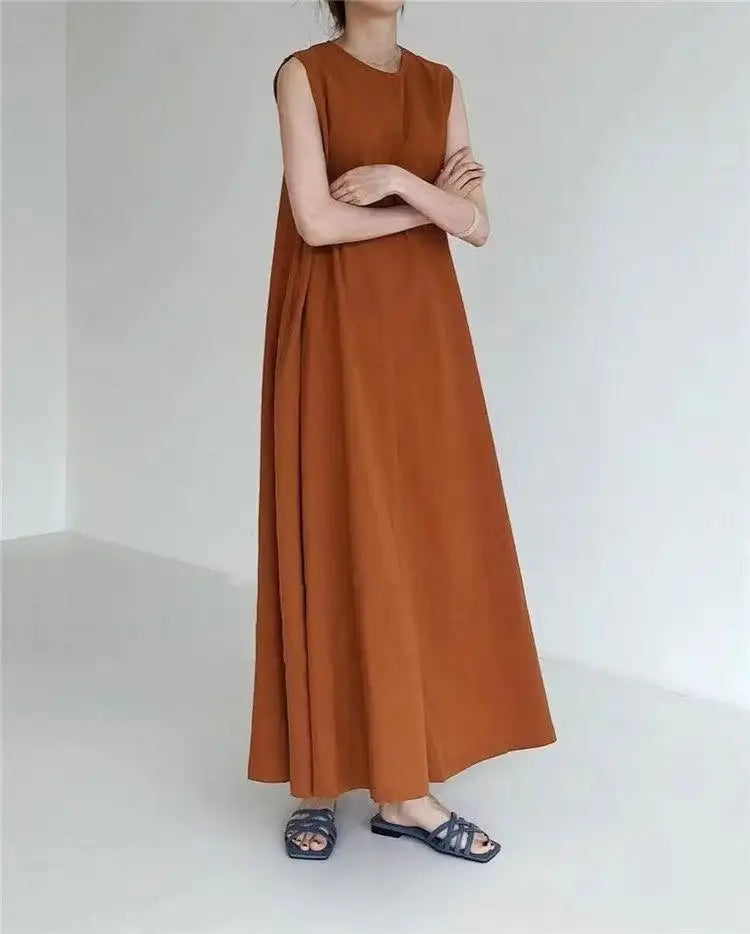 2022 Minimalist Chic Loose Swing Sleeveless Mid-length Casual Cotton Linen Long Dress Round Neck High Waist Women Runway Dress - Lootquake
