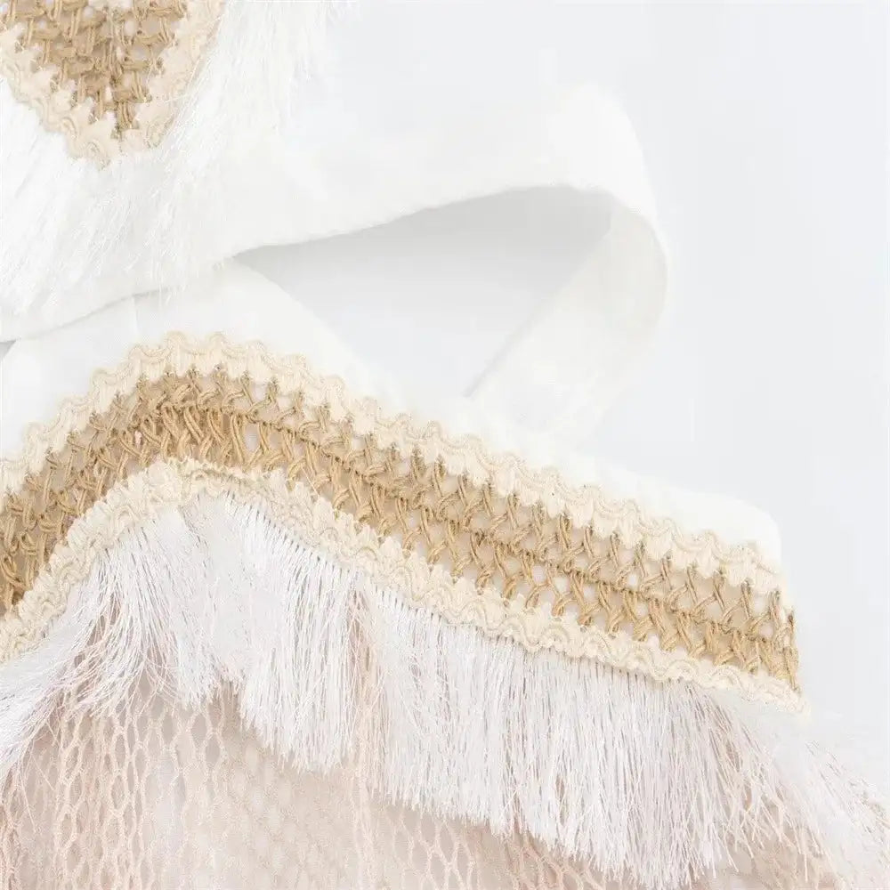 2024 Summer Beach Party Robes Women Fashion Deep V Neck Sleevelss See Through Dresses Sexy Printed Tassels Patchwork Long Dress - Lootquake