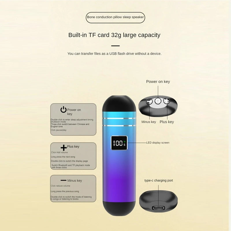 Enceinte Bluetooth sans fil à conduction osseuse, portable, à placer sous l'oreiller, carte TF 32 Go intégrée pour dormir