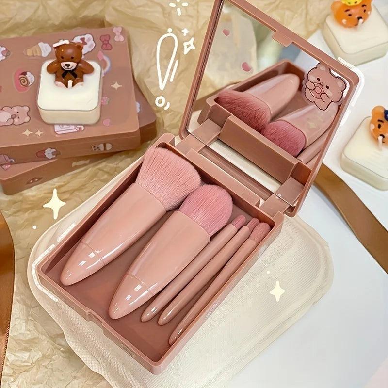 5Pcs Portable Makeup Brush Set With Mirror - Foldable Travel Kit ,Mini Makeup Brush Set Travel Makeup Brush Set