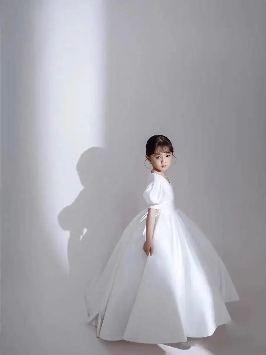 Children's Dress V-Neck White Patchwork Bow Short Sleeve Summer Clothes Fashion Girls Birthday Party Princess Long Dress 3-8year - Lootquake