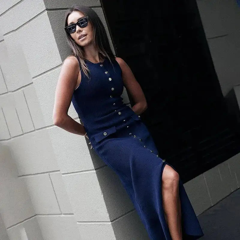 Fashion Knitted Long Dress For Women Elegant Sleeveless Button Maxi Sweater Bodycon Dresses Female Party Fashion Vestidos 2024 N - Lootquake