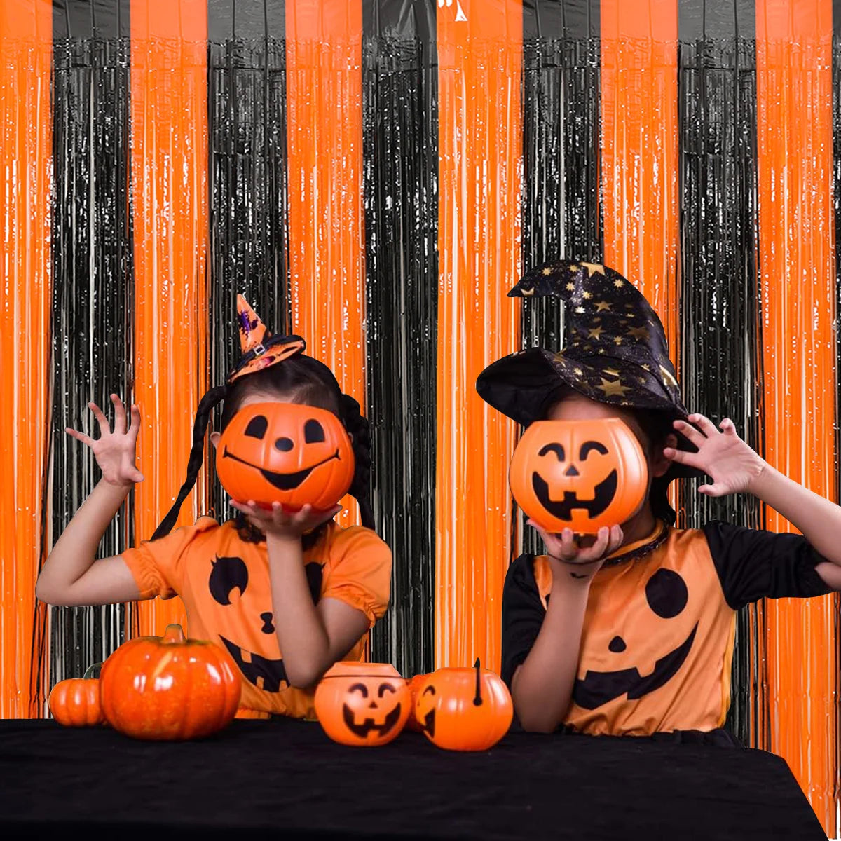 Rideau de pluie en soie avec pompons métalliques, décoration d'Halloween, noir et rouge, orange, 1 x 2 m