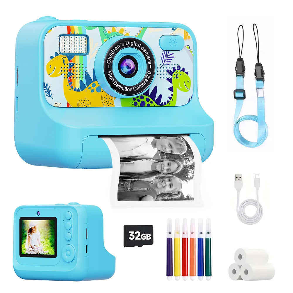 Cámara digital de impresión instantánea de dibujos animados para niños, HD, de 2,4 pulgadas, con 32 GB de capacidad, ideal para cumpleaños, Navidad y otras ocasiones.