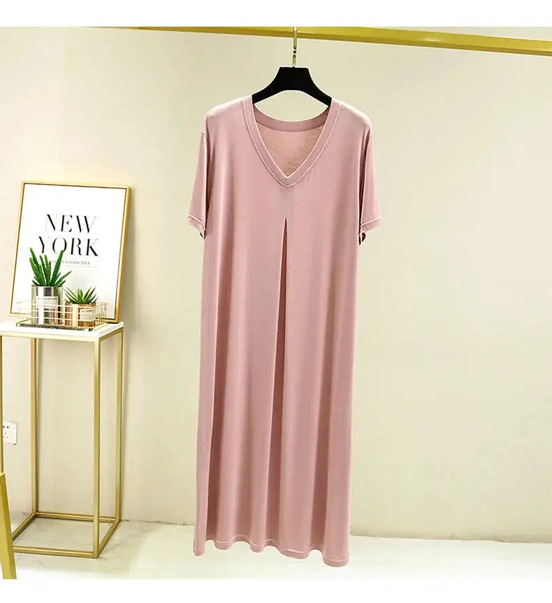 Modal Cotton Short Sleeved Nightdress for Women's Summer Casual Home Sleepwear V-neck Pleated Oversized Loose Hem Mid-Long Dress - Lootquake