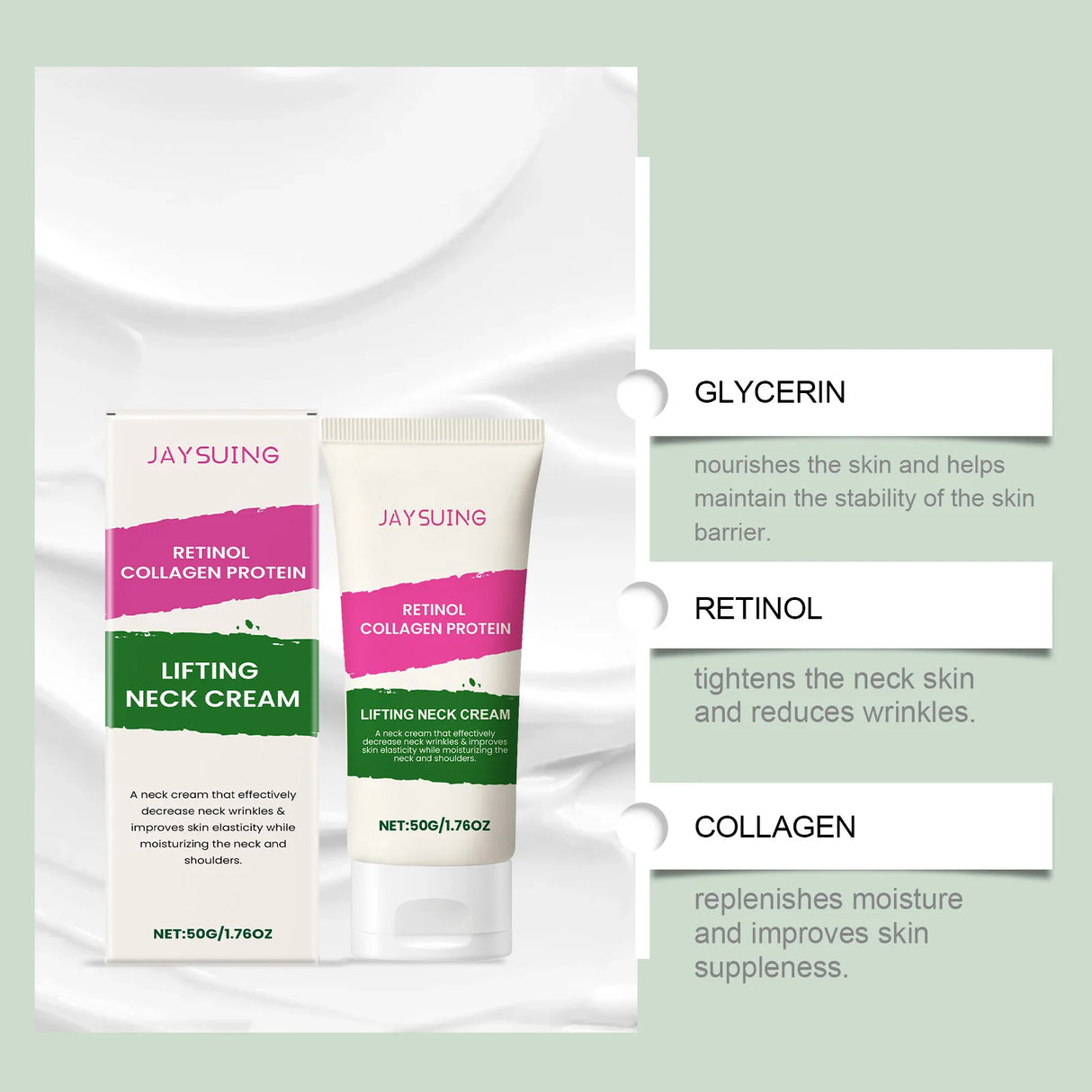 Crema de colágeno para el cuello, antiedad, reduce arrugas, líneas, mejora la papada, flacidez, reafirma, ilumina la piel. Crema de belleza para el cuello.