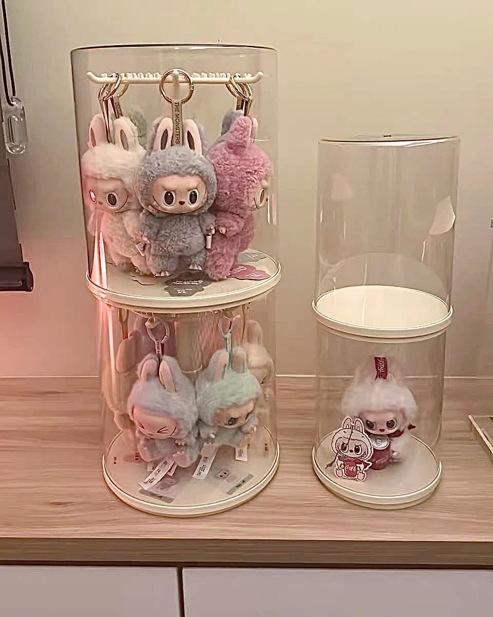 Boîte de présentation rotative transparente pour pendentifs Labubu, boîte de rangement pour poupées Labubu, résistante à la poussière et à l'humidité