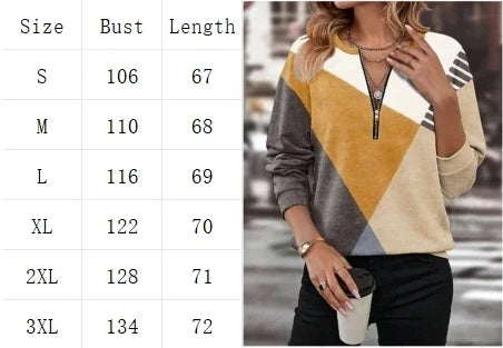 Color Blocked Printed Long Sleeved Zipper V-neck Women's T-shirt High Street Fashion Elegant Commuting Style Autumn Top - Lootquake