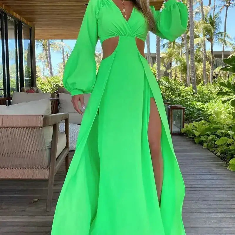 2024 Fashion New Women's Sexy Vacation Dress Solid Long Dress Cut Out Exposed Waist High Slit Suspender Long Skirt - Lootquake