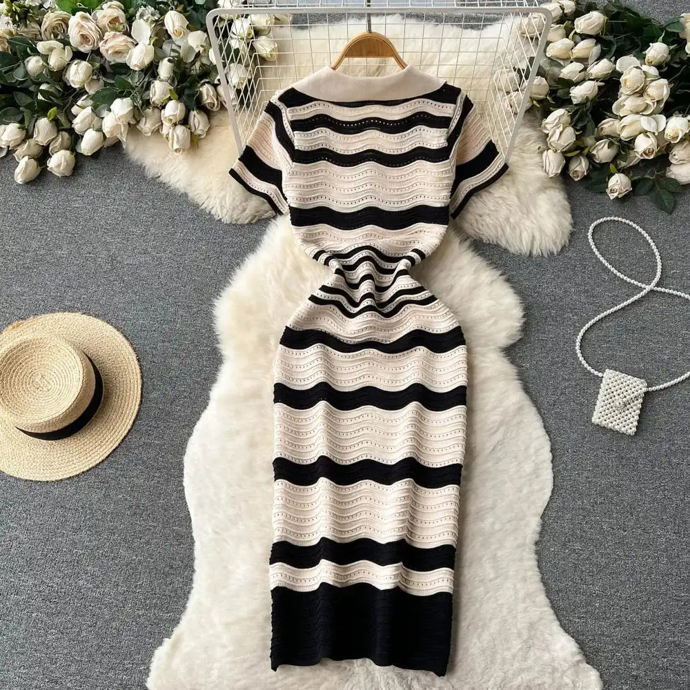 Short Sleeves Striped Long Dress Lapel Neck Hollow Out Slim Bodycon Sundress Fashion Hotsweet Knitted Beach Midi Dress - Lootquake