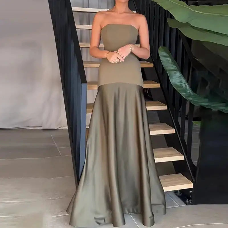 Casual Patchwork Pleated Robe Dresses Ladies Fashion Strapless High Waist Banquet Dress Sexy Hollow Off Shoulder Slim Long Dress - Lootquake