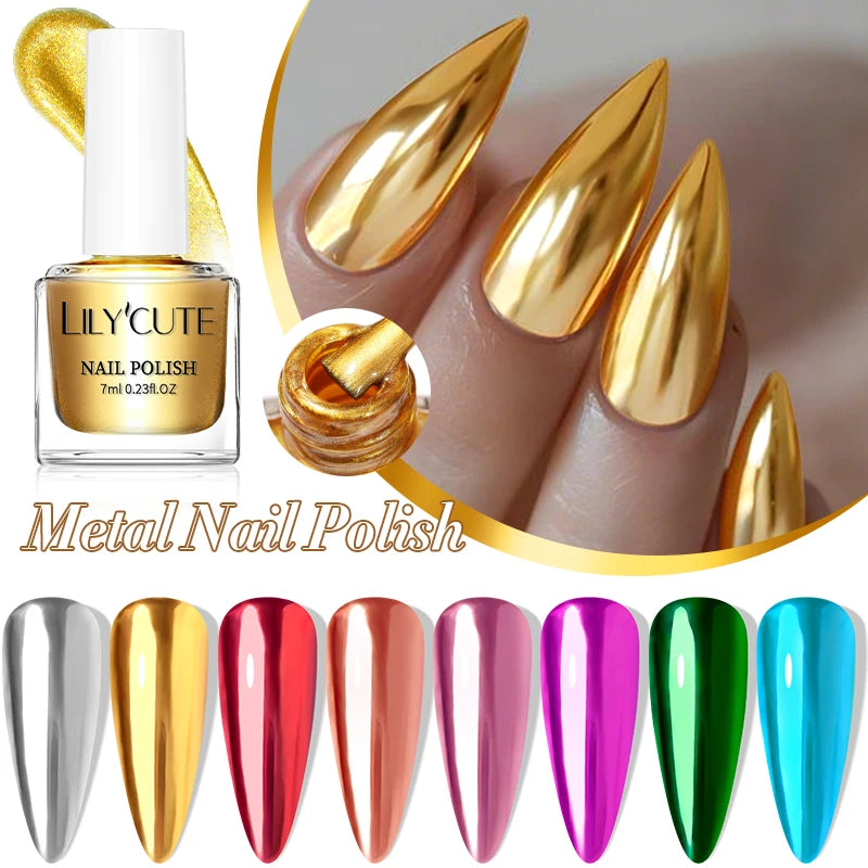 LILYCUTE 7ML Super Bright Gold Metallic Nail Polish No Need Lamp Quick Dry French Style Glass Bottle Manicure Nail Art Varnish