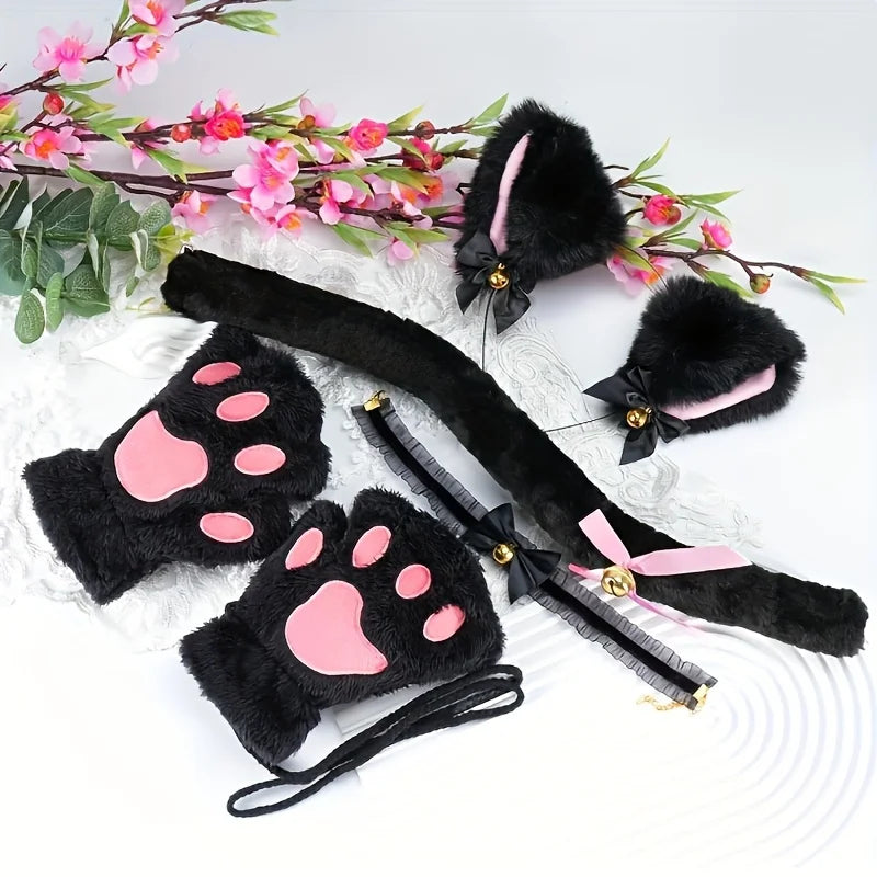 5Pcs Sets Cat Paw Gloves Winter Cute Cartoon Girl Open Finger Gloves Bell Headband Fox Cat Ear Headwear