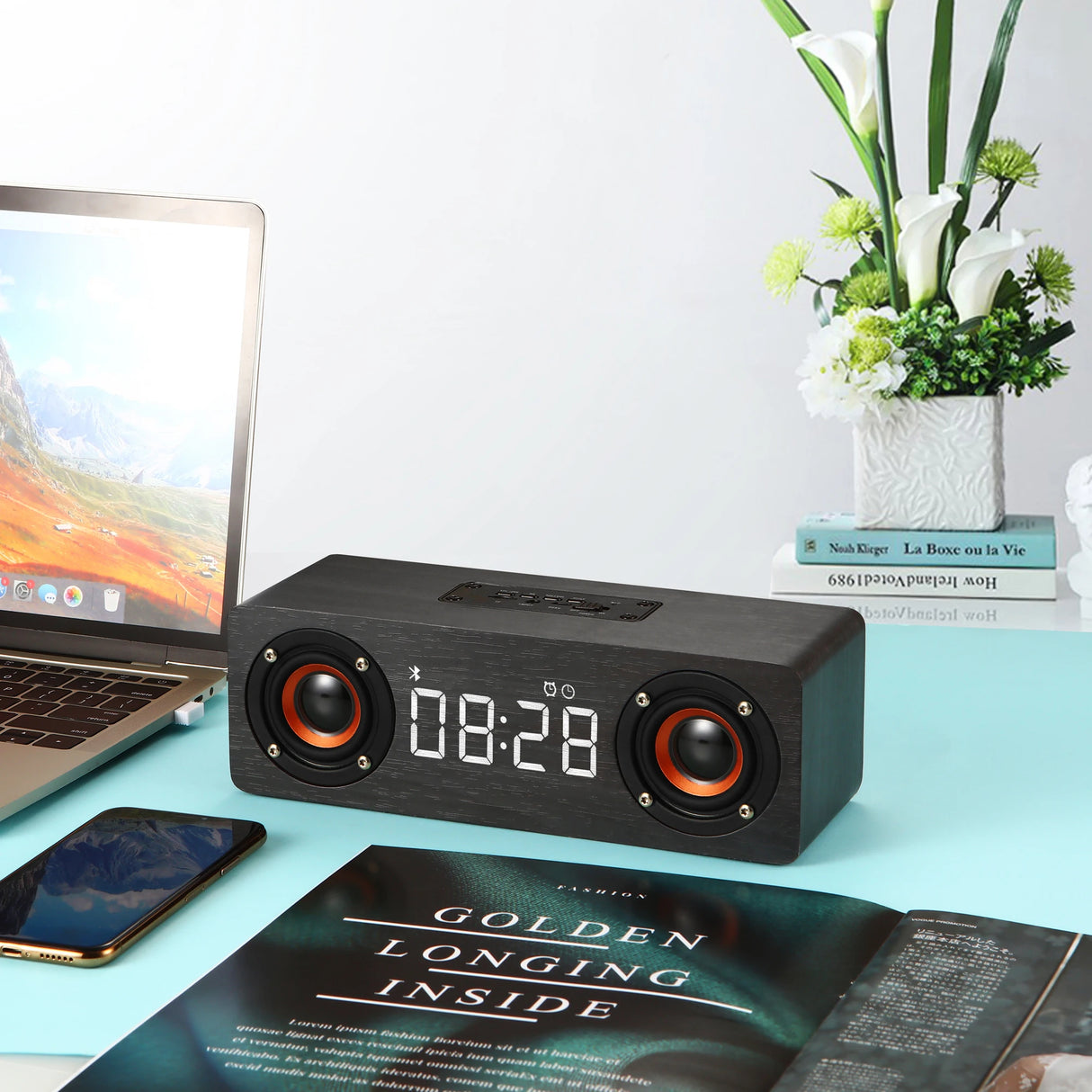 Altavoz Bluetooth de madera, portátil, inalámbrico, subwoofer, reloj, caja de sonido, ordenador de casa, barra de sonido de pared, estéreo HiFi, TF, AUX, disco U