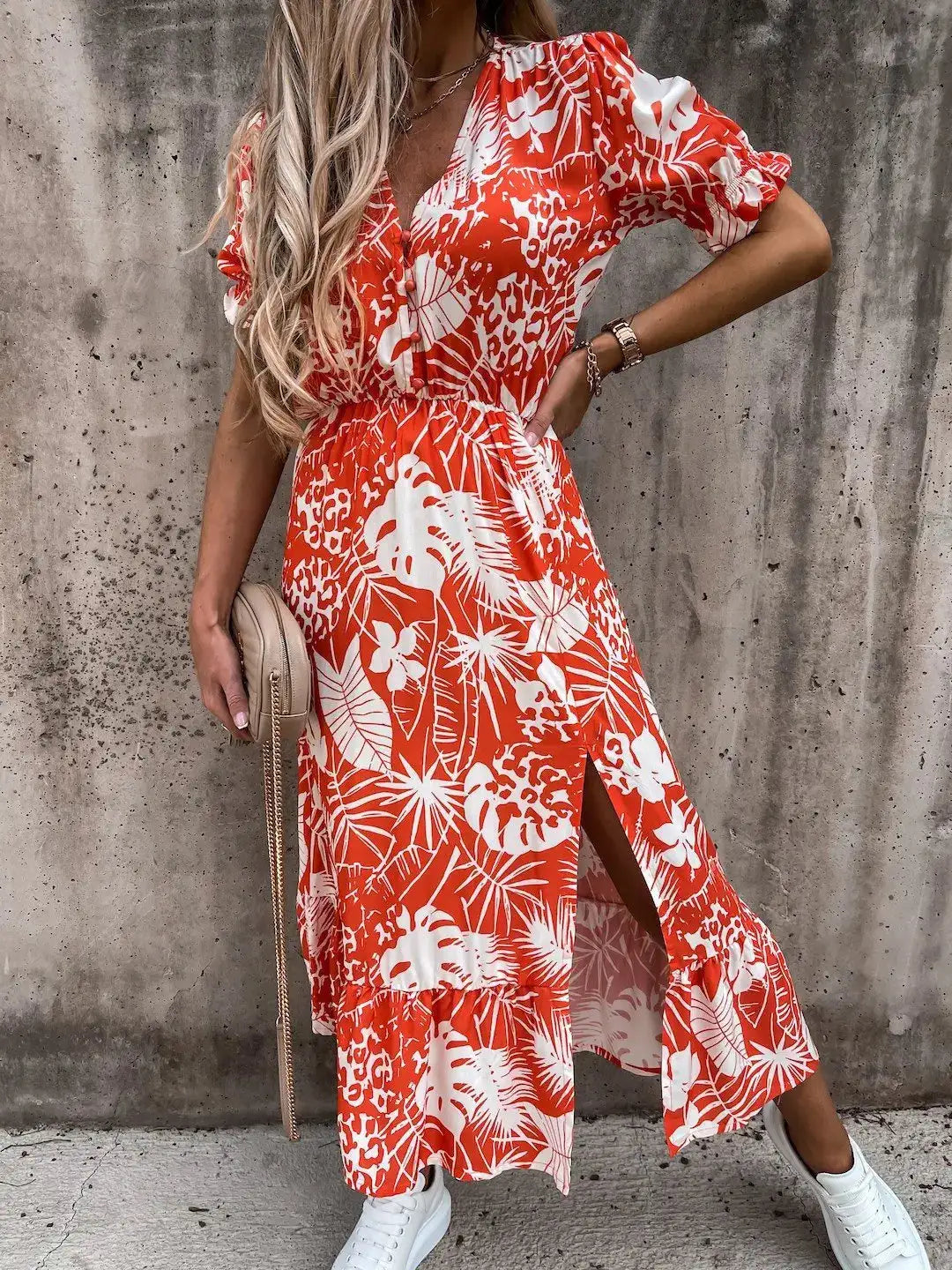 Summer Floral Print Dress Women V Neck Side Slit Long Dress Elegant Short Sleeve Button Slim Spring Female Party Dress Vestidos - Lootquake