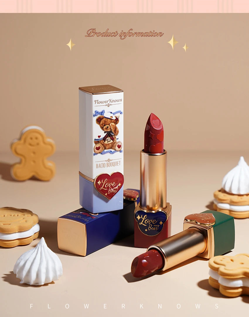 Flower Knows Love Bear Series Matte Moisturizing Lipstick Silky Smooth Renewal Natural Lip Makeup Professional Cosmetic Women
