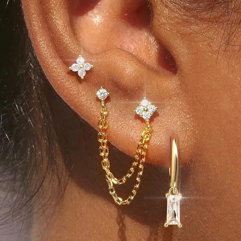 3PCS New Fashion Four Zircon Flower Hoop Earring Set For Women Stainless Steel Double Stud Chain Tassel Huggie Piercing Jewelry - Lootquake