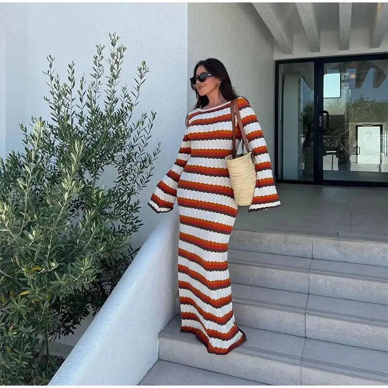 Striped Knitted Long Dress Women O-neck Backless Hollowed Out Long Sleeves Lady Bodycon Dress 2024 Spring Summer Vacation Robe - Lootquake