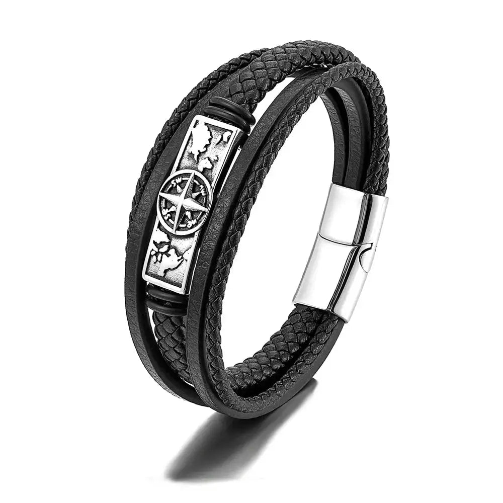 MKENDN Viking Style Compass Norse Runes Amulet Men MultiLayer Leather Stainless Steel Bracelet Norse Mythology Jewelry - Lootquake