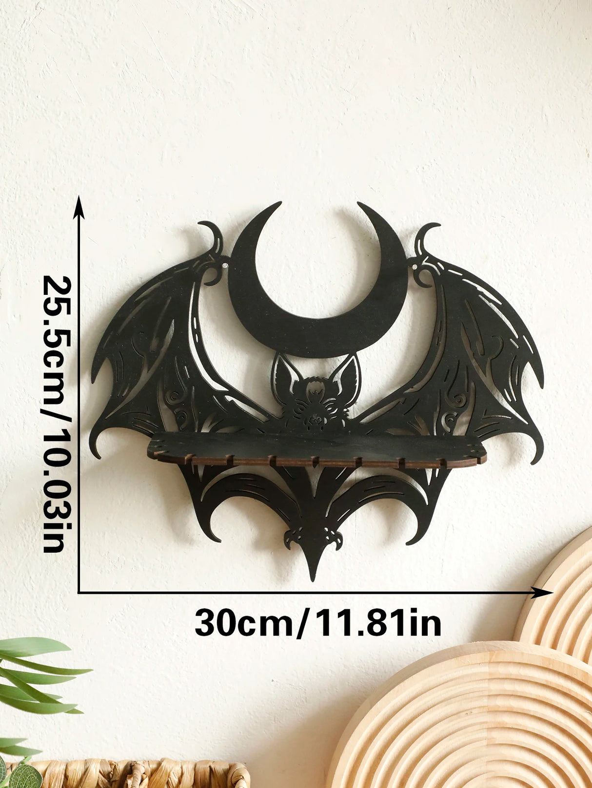 Étagère murale en bois noire pour Halloween, motif gothique chauve-souris et lune, étagère flottante creuse, support en cristal, décoration d'intérieur gothique, décoration de chambre de sorcière