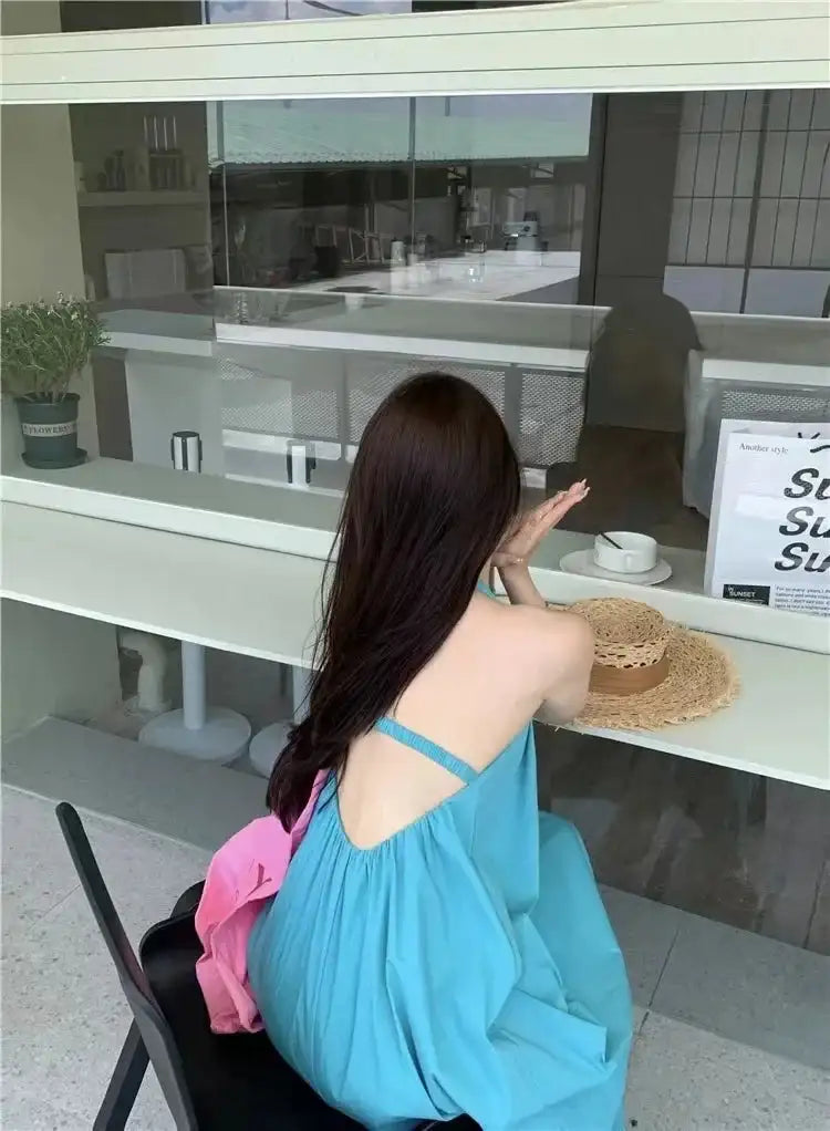Summer Vacation Dress Thailand Style Open-back Halter Neck Age-reducing Photography Beach Long Dress Belted - Lootquake