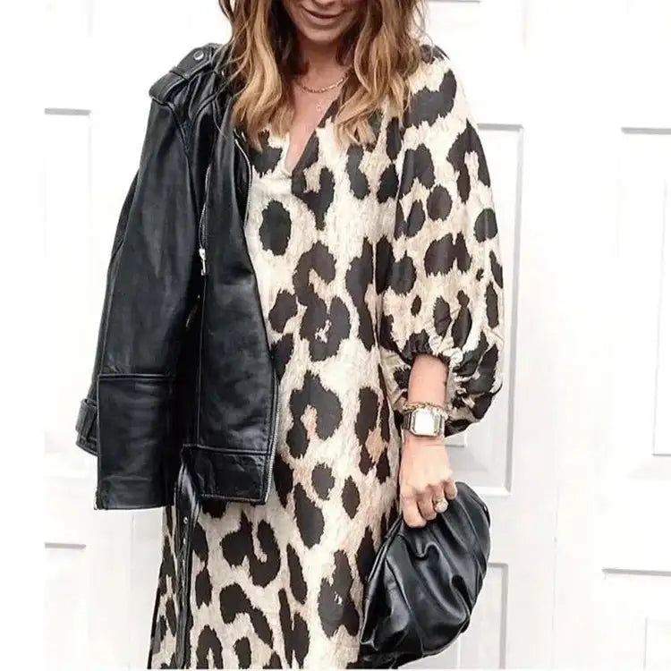 Autumn Women's Long Leopard Print Dress New Long V-neck Loose Lantern Sleeve Leopard Print Dress Long Dress - Lootquake