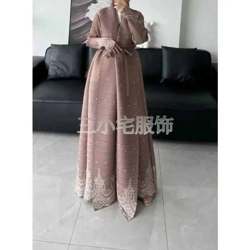 Autumn and Winter New Abaya Fashion Lapel Pleated Long Sleeved Cardigan Windbreaker Jacket Saudi Abayas for Women - Lootquake
