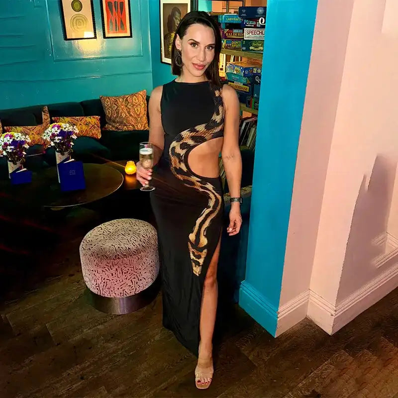 Tossy Python Printed Hollow Out Maxi Dress Female Slim Sexy Side Split Sleeveless Contrast Summer Party Dress Women's Long Dress - Lootquake