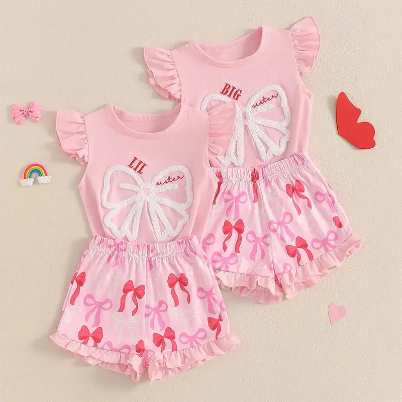 Cute Matching Baby Toddler Brother Outfit Bow Fly Sleeve Tops Elastic Waist Ruffle Shorts 2 Piece Summer Set for Siblings - Lootquake