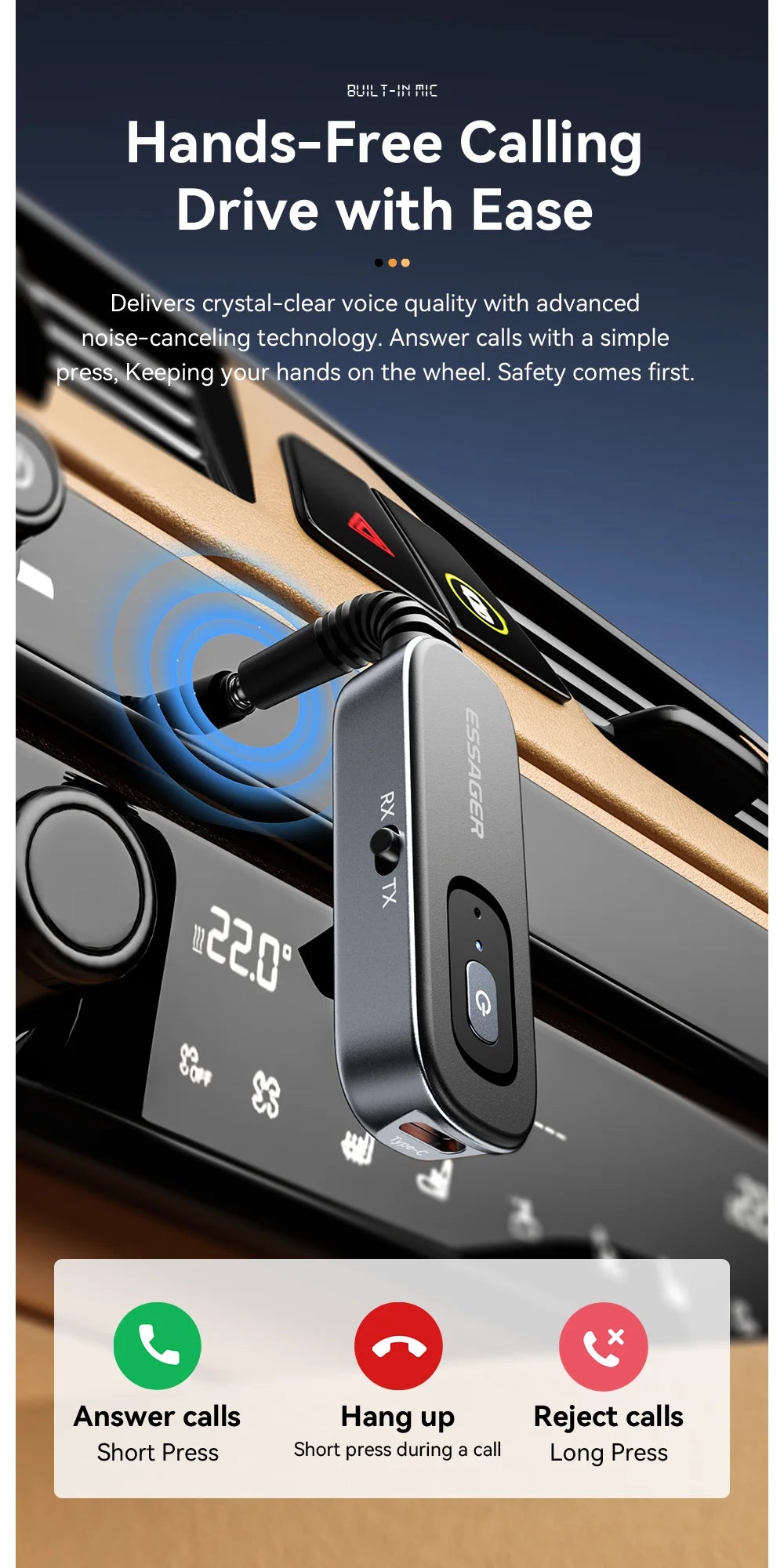 Receptor y transmisor de audio Essager Bluetooth 5.1 de 3,5 mm con entrada auxiliar de 3,5 mm y micrófono, adaptador inalámbrico para música estéreo, PC, TV y altavoces de coche.